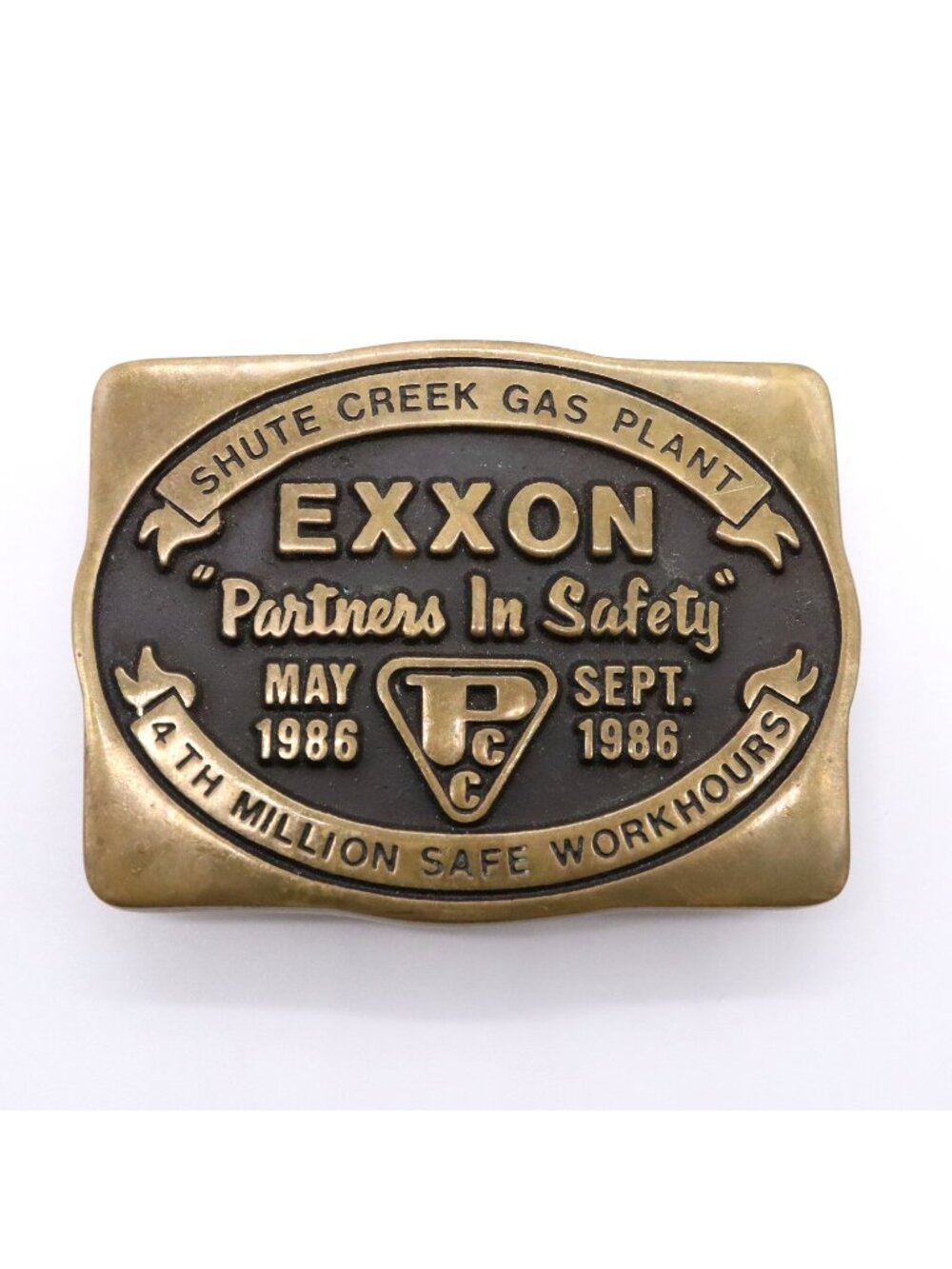 Exxon Shute Creek Wyoming Brass Belt Buckle Gas Plant Safety Vtg 80s